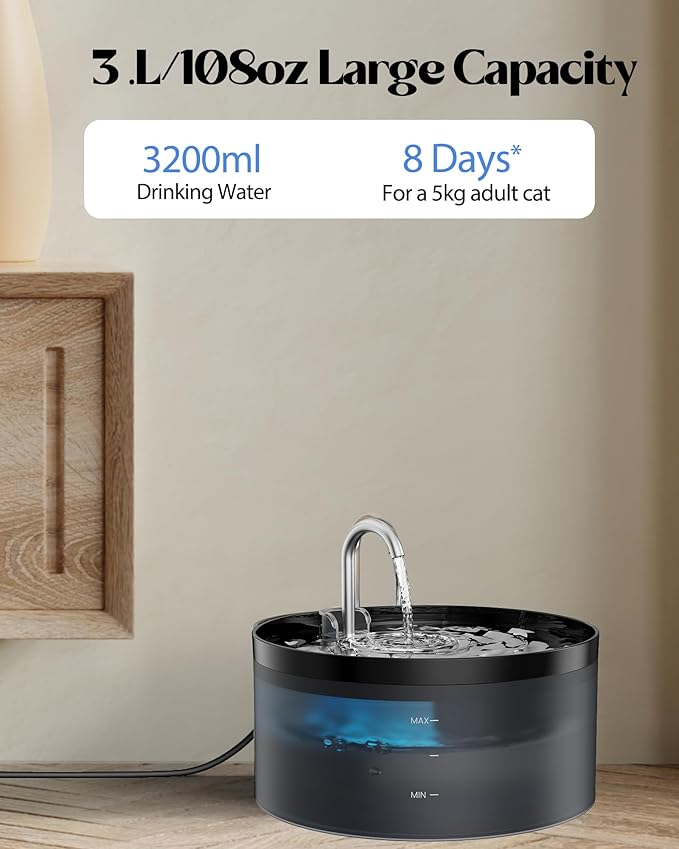 Cat Water Fountain for Cats Indoor: GIOTOHUN Cat Fountain Contains 6 Filters + 3 Sponges - 108oz/3.2L Black Cat Drinking Founttain - Silent Pet Water Fountain for Drinking - Faucet Pet Fountain