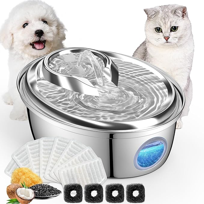 ORSDA Stainless Steel Cat Water Fountain, 100oz/3L Automatic Pet Drinking Fountain, Dog Water Dispenser Bowl with LED Window for Cats and Small & Medium Dogs- 12Pcs Filters（ D66
