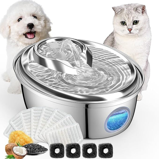 ORSDA Stainless Steel Cat Water Fountain, 100oz/3L Automatic Pet Drinking Fountain, Dog Water Dispenser Bowl with LED Window for Cats and Small & Medium Dogs- 12Pcs Filters（ D66