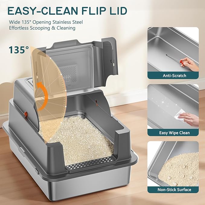 Stainless Steel Litter Box with Lid, 28" XXXL Large Cat Litter Box Enclosure for Multiple Cats, Odor Control with Carbon Filters, Anti-Leak High Sided, Includes Removable Lid & Scoop, Dark Gray