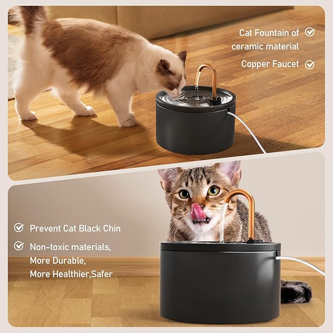 DOOOB Ceramic Cat Water Fountain, 2.1L/71oz Ceramic Cat Fountain, Automatic Ceramic Water Fountain for Cats, Pet Water Fountain with Ultra-Quiet Pump and 3 Filters & 3 Sponges (Black)