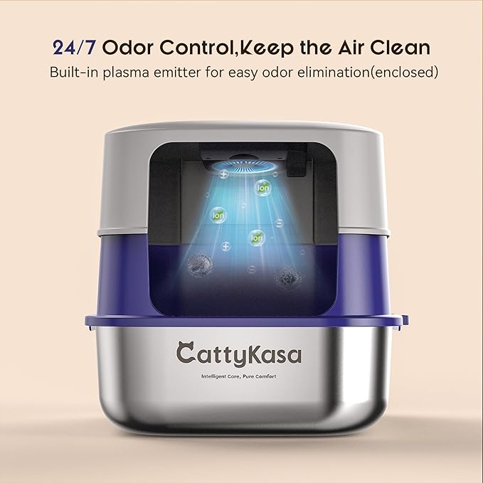 Odor Control XL Stainless Steel Litter Box，3-in-1 Enclosed High Side Cat Litter Box with High Lid for Cats，Non-Sticky，Anti-Leakage，Easy Clean，with Scoop & Filter Pedal（Gray-Blue）