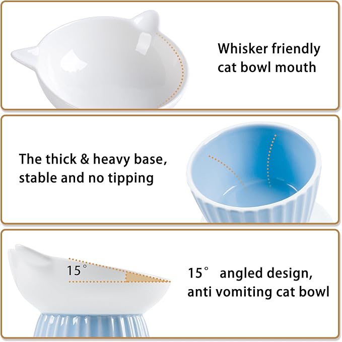Ceramic Raised Cat Bowl，Tilted Raised Bowl Anti Vomit for Indoor Cats Whisker Friendly Pet Feeder for Cats Puppies, Microwave and Dishwasher Safe (Pink)