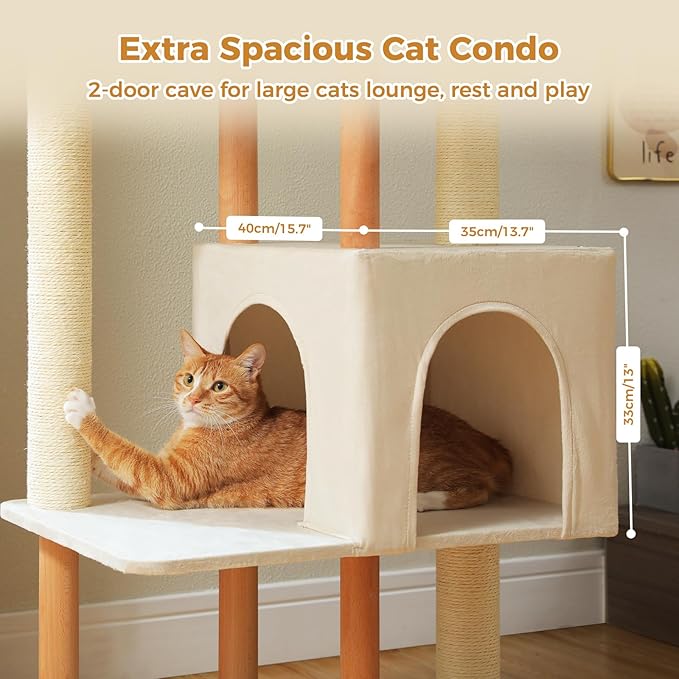 PAWZ Road Large Cat Tree, 53 Inches Modern Wooden Cat Tower for Indoor Large Cats, Multi-Level Cat Condos with Long Scratching Posts and Natural Wood Posts-Beige