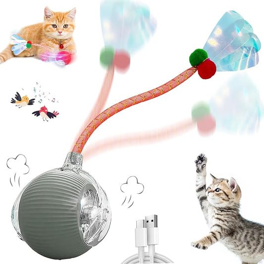 Interactive Cat Toys for Indoor Cats, Automatic Cat Toy with Elastic Mesh Tail, Electric Rolling Ball on Carpet, Chirping and Motion Activate Cat (Gray)
