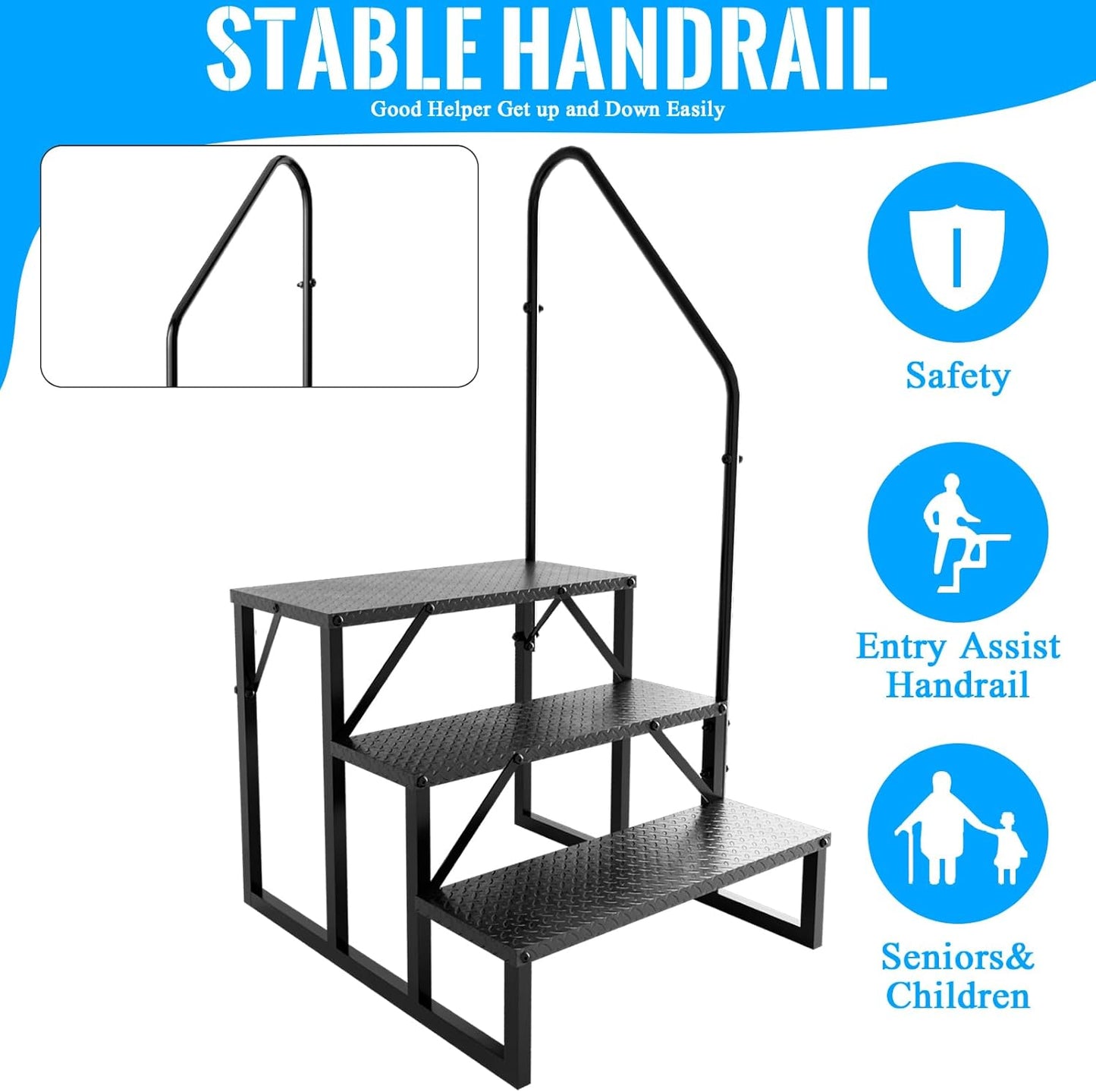 RV Step Stool, 3 Step Ladder, Hot Tub Steps with Handrail, Portable Pool Ladder, 660Lbs Heavy Duty Ladder Shelf Outdoor Mobile Home Stairs for Camper/Porch/SPA Pool/Pet Stairs(1 Pack)