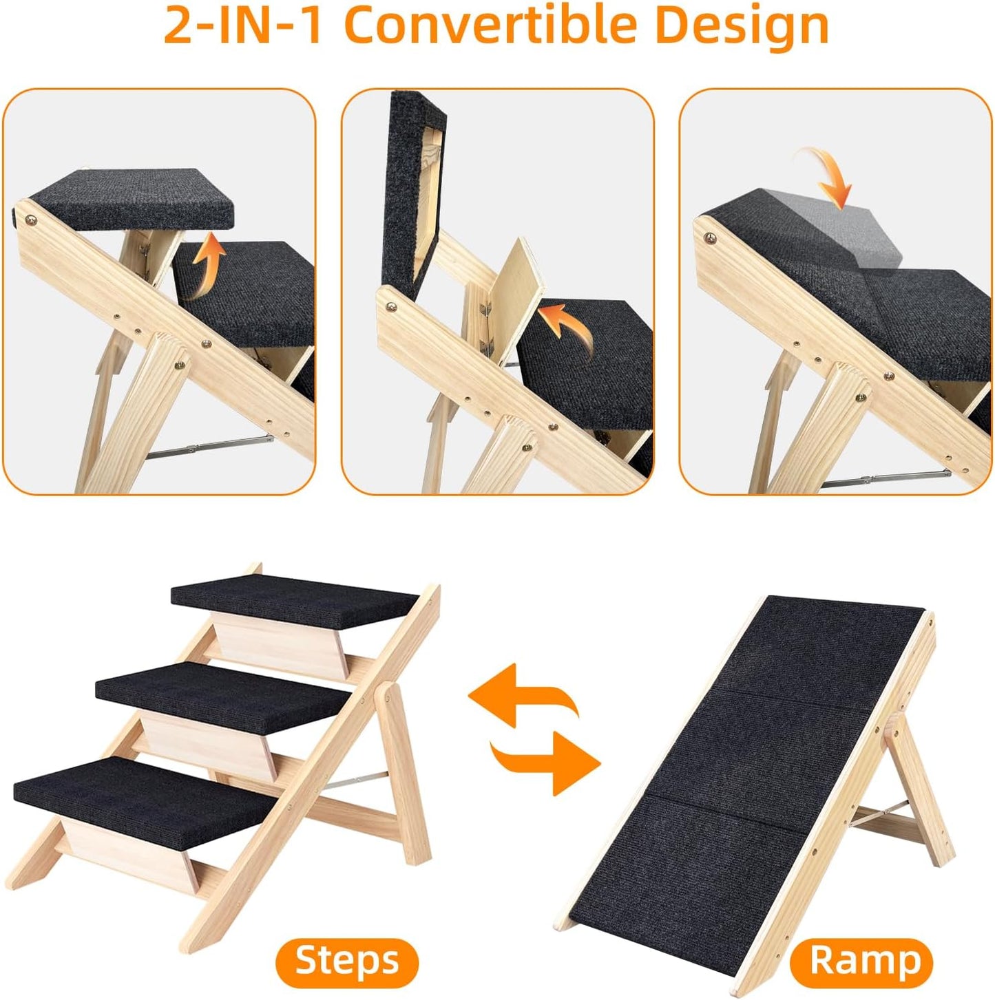 Dog Stairs/Ramp for Bed, Wooden Convertible Pet Steps, Portable Dog Ladder Up to 180 Pound for Elderly/Short-Legged Dogs, 3 Steps for Beds, Couch, Cars