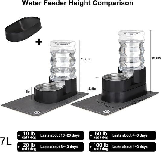 RIZZARI Automatic Cat Water Dispenser: Black 7L Elevated Fountain - Stainless Steel Gravity Feeder - Splash Guard Mat