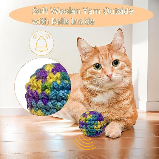 Jingle Cat Toy Balls 6 Pack 1.77" Woolen Yarn with Bell - Indoor Kitten Toys for Safe Chew & Play, Includes Gift Box