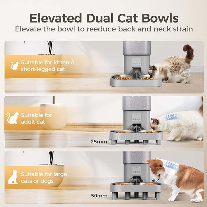 Automatic Cat Feeder, WiFi Dog Food Dispenser with APP Control for 2 Cats & Dogs, 6L Elevated Timed Dog Feeder Programmable 1-10 Meals,10s Meal Call,Dual Power Supply, 2 Stainless Bowls