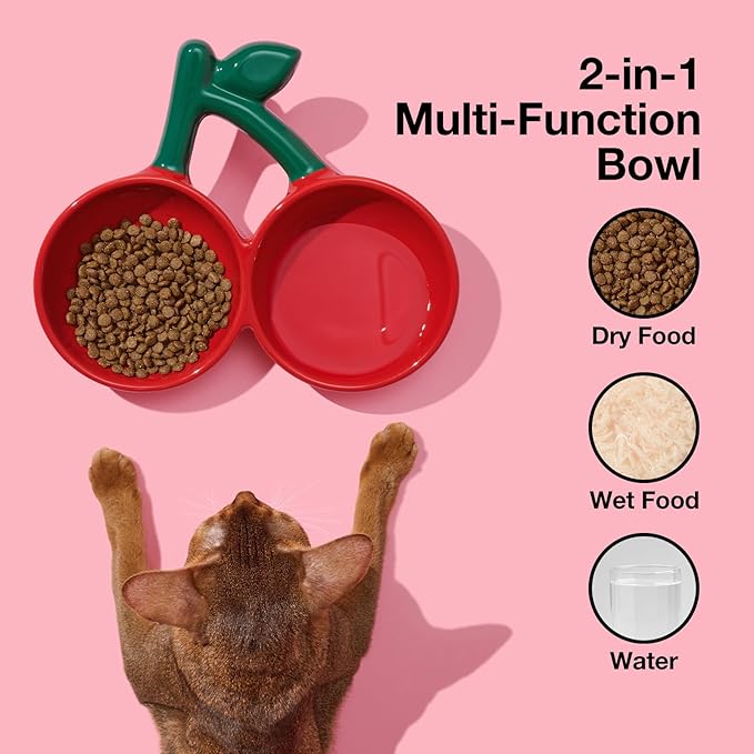 VETRESKA Ceramic Pet Bowl Tilted Design Pet Feeder for Food and Water Anti Vomit Cat Bowls for Indoor Cats Cute Cherry Cat Bowl Dishwasher Safe