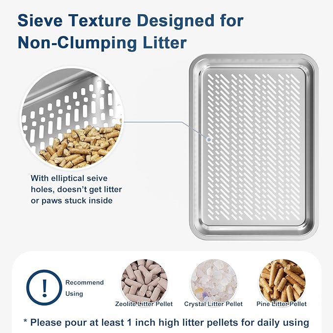 19.6''x13.7''x6'' Suzzipaws Stainless Steel Litter Box, Open Top Sifting Litter Box for Pine Pellets, Metal Litter Pan Tray System with Pee Pads & Liners, Odor Control, Low Dust, Easy Cleaning