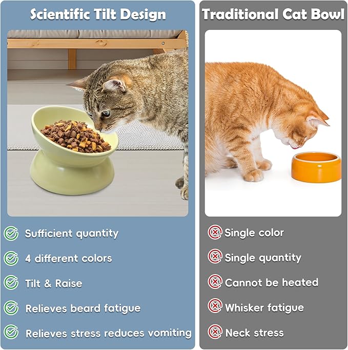 kathson 4 Pcs Ceramic Raised Cat Bowls, Elevated Tilted Cat Food Bowl, Anti Vomiting Pet Food Bowl, Colorful Porcelain Pet Feeder Dish for Cats and Small Dogs, Stress Free(Blue,Green,Yellow,Pink)
