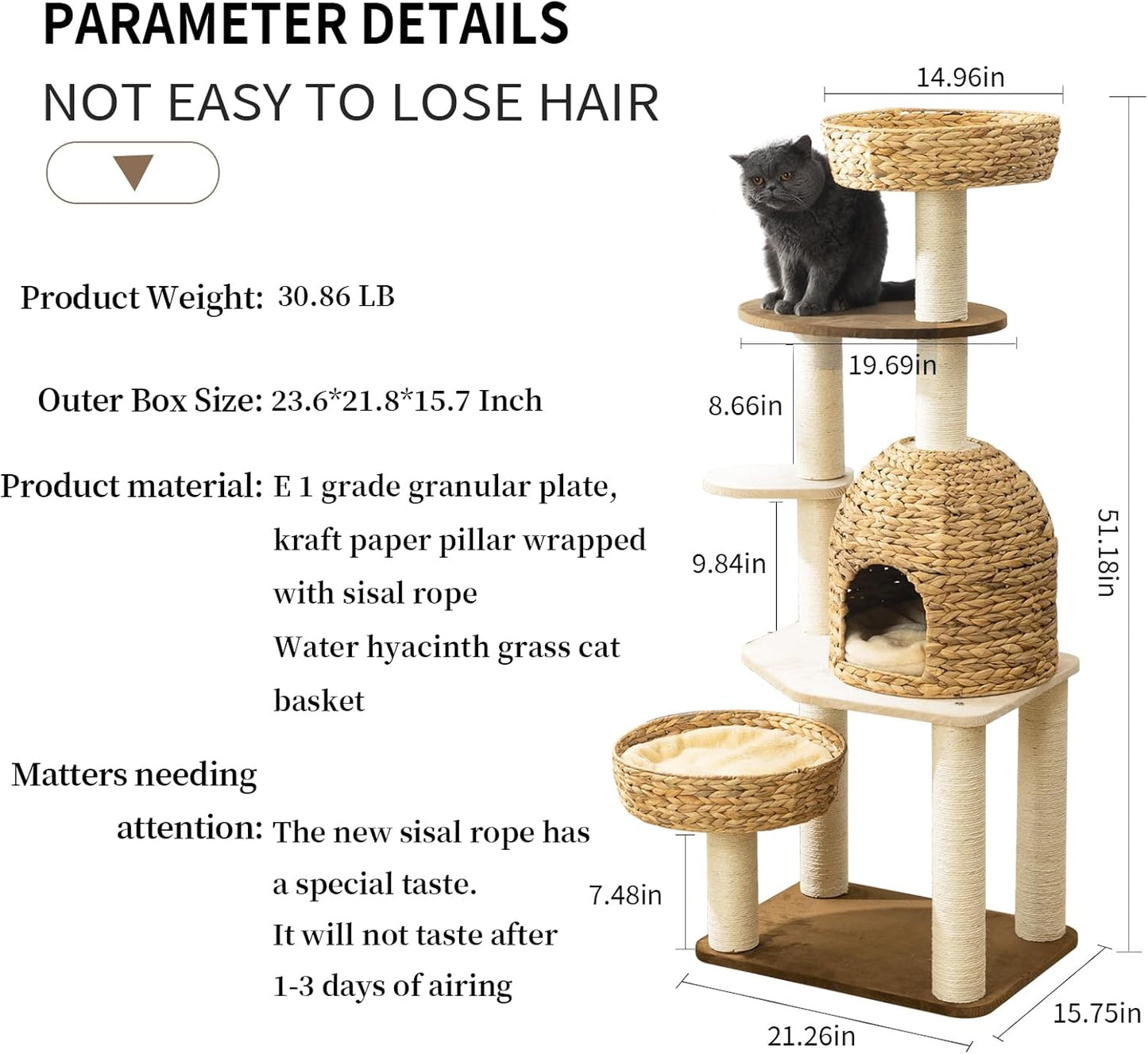 Large Wood Cat Tree Tower for Indoor Cats, Multi-Cats Scratching Post & Cat Condo with Handwoven Cat House Basket, Thick Sisal Posts, Modern Stable Cats Tower Furniture