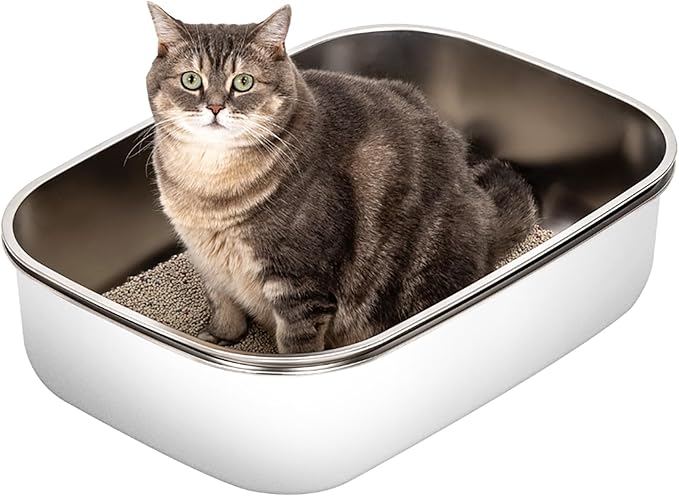 Stainless Steel Sifting Litter Box with Lid, Metal Litter Pan with Scoop for Big Cats Multi Cat, Extra Large Cats Litterbox Odor Control, Easy Clean (23*16.5*16.5inch-with Enclosure, X-Large)