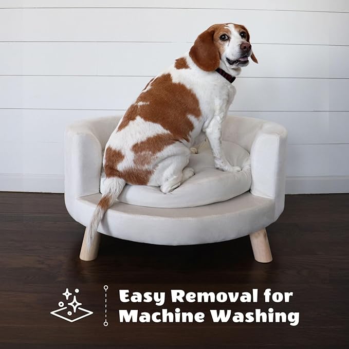 Critter Sitters 28-In. Elegant Circular Dog & Cat Sofa, Modern Elevated Pet Bed in Faux-Velvet White, Comfortable for Small to Medium-Sized Pets