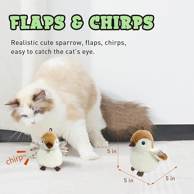 Cat Toys, Flapping Wings Cute Sparrow, No Flying, Chirping Bird Interactive Catnip Toy for Kitten or Small Dogs, Touch Activated, Rechargable