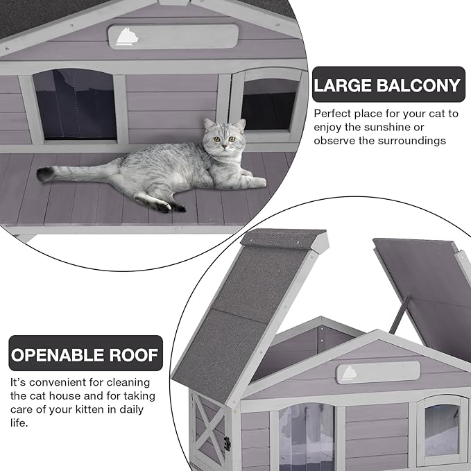 Outdoor Cat House for Feral Cats, Wooden Cat Shelter with Weatherproof Roof and Large Balcony