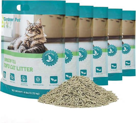 Gardner Pet Natural Tofu Cat Litter, Cat Litter with Green Tea Extract – Dust-Free, Fast Clumping, Flushable, and Odor Control for Multi-Cat Homes, 6lbs x 6 Pack