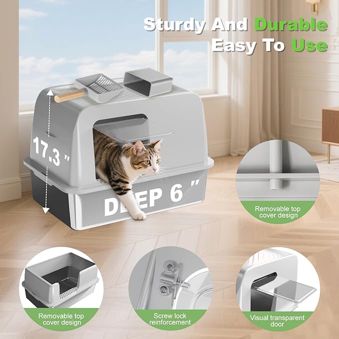 XL Stainless Steel Litter Box with Lid, Extra Large Enclosed Cat Litter Box for Big Cats, High Sided for No-Mess & Odor Control, Easy Clean Metal Pan with Scoop(Grey)
