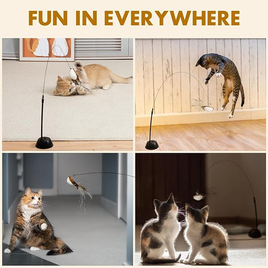 Cat Wand Toys, Adjustable Toys with Silvervine Sticks, Interactive Cat Feather Wand Toy for Indoor Cats, Elastic String Pole Toy with Bell & Feather (Wire Bird)