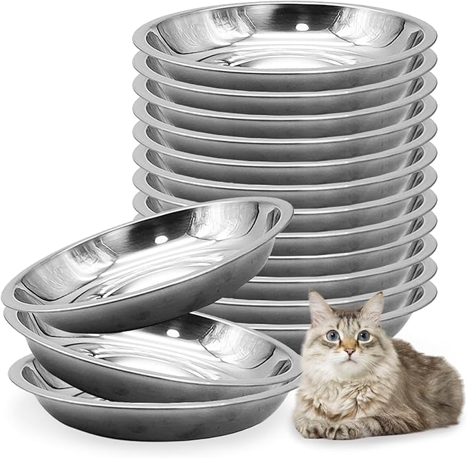Hamiledyi 12 Pcs Stainless Steel Cat Bowls Shallow Metal Pet Dishes Large Cat Feeding Plate Replacement Whisker Fatigue Kitten Food Bowl for Dogs Cats and Other Small Animals (8.67 Inch Diameter)