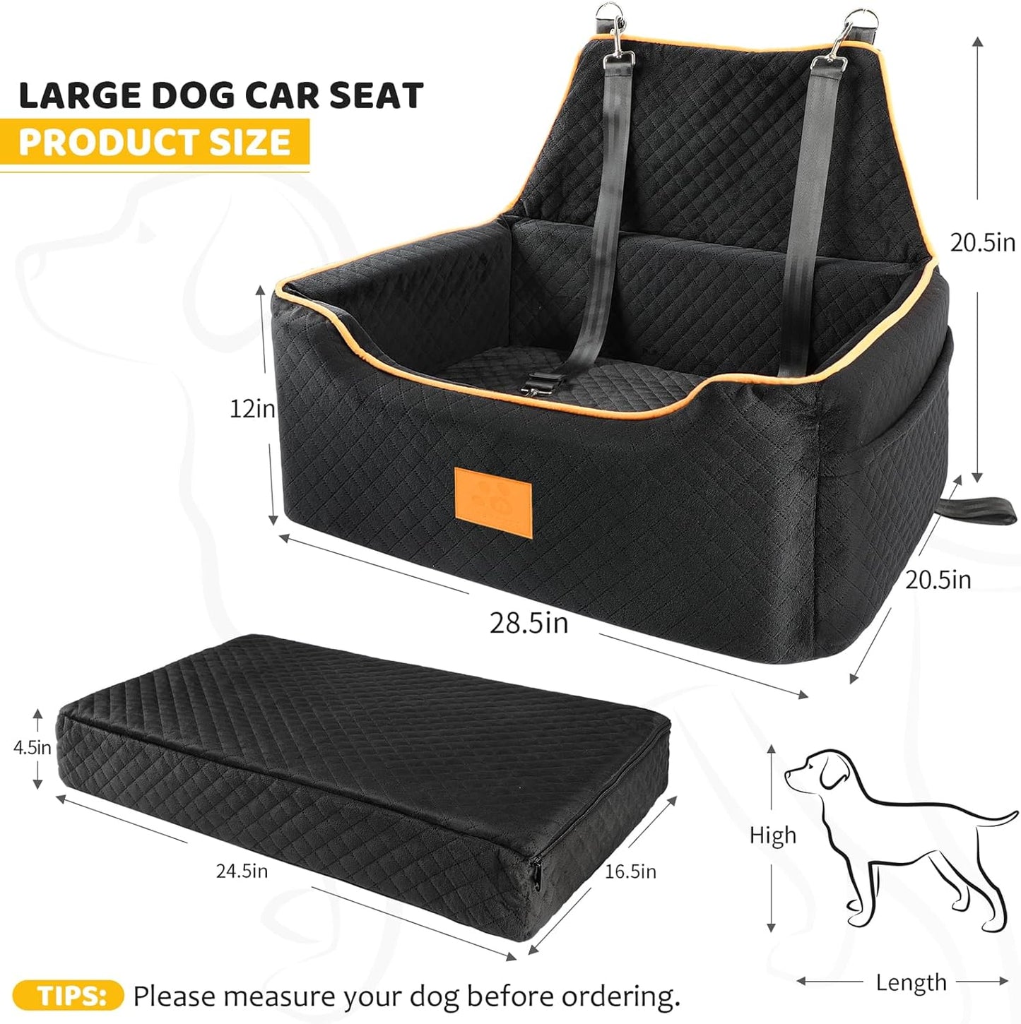 Dog Car Seat for Large/Medium Dog, Booster Seat for Dogs Under 55Lbs or 2 Small, Detachable and Washable Travel Pet Seat with Thick Cushion and Storage Pockets (Black)