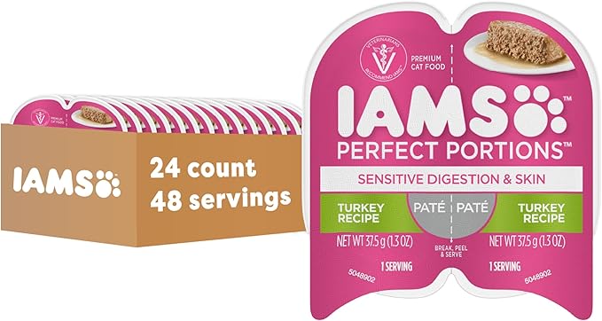 IAMS Perfect Portions Sensitive Digestion & Skin Adult Wet Cat Food Pate, Turkey Recipe, 2.6 oz. Easy Peel Twin-Pack Trays (24 Count, 48 Servings)