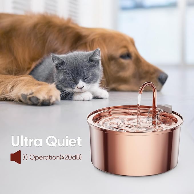 Tomxcute Cat Water Fountain Stainless Steel - 108oz/3.2L Cat Fountain for Drinking- Large Capacity Pet Water Fountain - Copper Surface