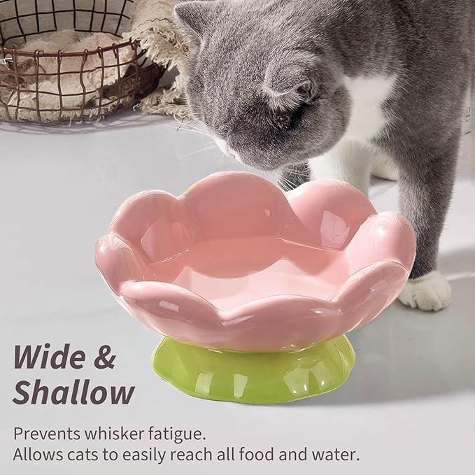 Ceramic Raised Cat Bowl, Shallow Wide, Anti-Vomiting and Whisker Fatigue, Non-Slip, Tilted Cute Flower Cat Food and Water Bowls for Indoor Cats or Small Dogs, Pink
