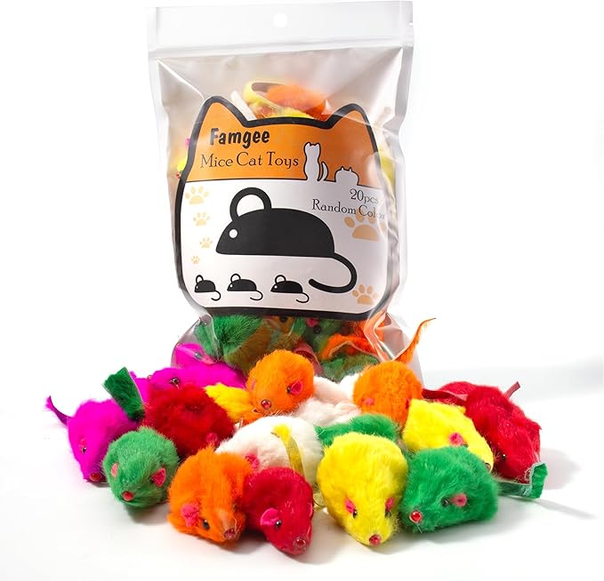 20 PCS Furry Squeak Mouse Rattle Sound Plush Mice Fur Interactive Catch Play Catcher Pet Kitten Cat Toys (Random Color)