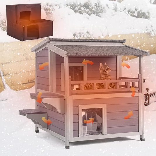 GUTINNEEN Insulated Cat House Outdoor for Winter, Wooden Weatherproof Outside Feral Cat Shelter with Liner, Large Balcony, Escape Door, PVC Door Strip, for Outdoor & Indoor