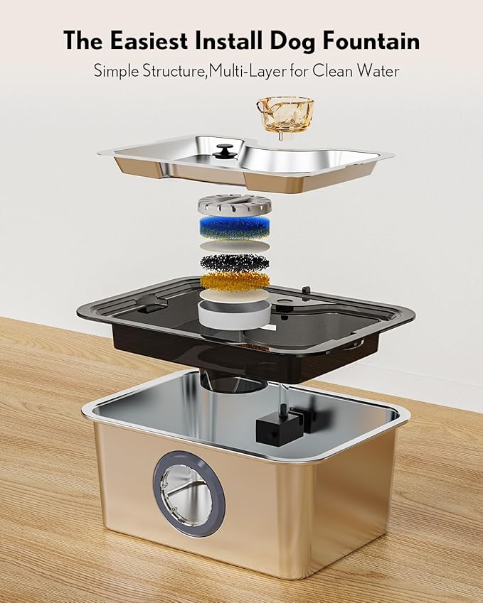 Large Dog Water Fountain Stainless Steel, 12L Pet Drinking Dispenser with Visual Window, Extra Big Cat Fountains Bowl with Filters, Widely Drinking Area,Ultra-Quiet Pump