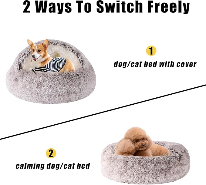Coffee Round Hooded Cat & Dog Bed - Faux Fur Cuddler Cave, Self-Warming Donut Bed, Fits up to 22 lbs Pets (24x24 inch)