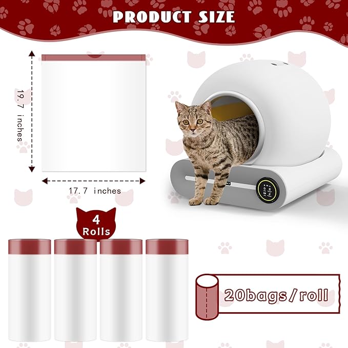 80 Count Self-Cleaning Litter Box Liners for MeoWant MW-SC01/MW-SC02, Extra-Thick Drawstring Trash Bags 17.7x19.68 in, Odor-Proof Cat Waste Disposal