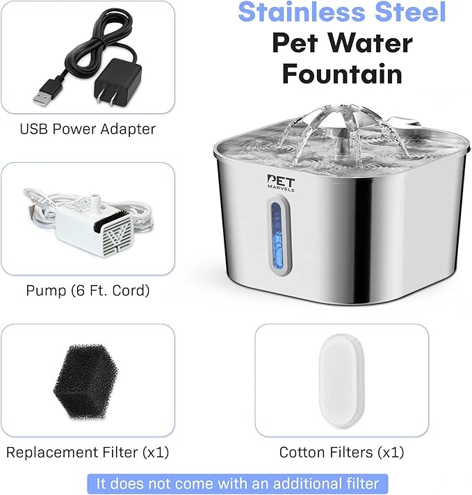 Stainless Steel Cat Water Fountain – 2.2L/74oz Ultra-Quiet Pump, Visible Water Level, Dual Flow Modes – Automatic Pet Water Dispenser for Cats & Small Dogs
