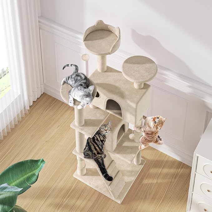 MoNiBloom 54 Inch Cat Tree Tower for Indoor Cats Large Adults, Cat Tower with Scratching Post, Multi-Level Furniture Activity Center with Cat Condo Pet Play House, Beige