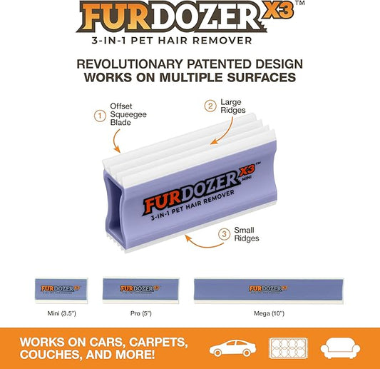 FurDozer X3 MINI Pet Hair Remover & Auto Detailing Tool - Cat & Dog Hair Remover for Carpet, Car Interior, Couch, Bedding, & Furniture - Reusable Pet Hair Removal Tool for Dog Fur & Lint, 3.5", Purple