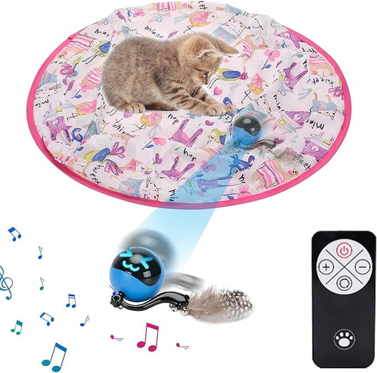 Interactive Cat Toys Ball Self Rolling in Pouch,Hunting Remote Control Simulated Chirping Bird Moving Cat Toy with Mat,Hide and Seek for Indoor Cats Mouse Chasing Games