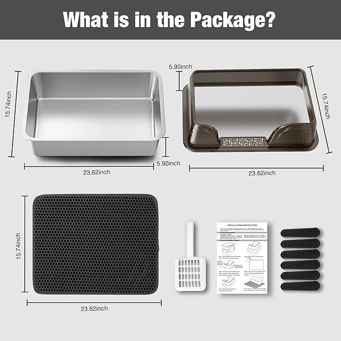 Suhaco Extra Large Stainless Steel Litter Box with Lid XXL High Sided Cat Litter Boxes Included Litter Mat & Litter Scoop Anti-Urine Leakage Metal Pet Toilet for Big Cats (Black XXL)