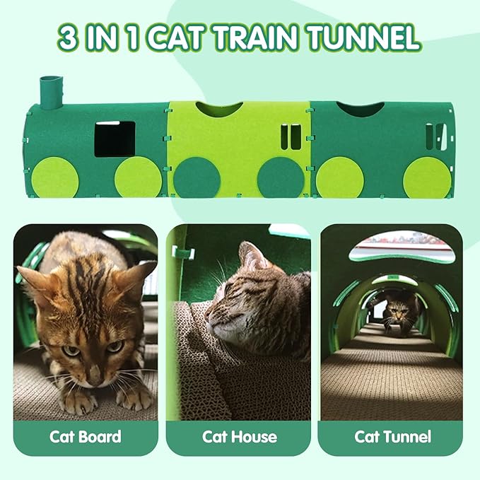 Cat Tunnel Train with Scratching Board, Cat Interactive Toys 51" Non-Foldable Rebound Felt Cute Pet Tube Round Indoor Pet Toy & Hideout for Small Medium Kitten