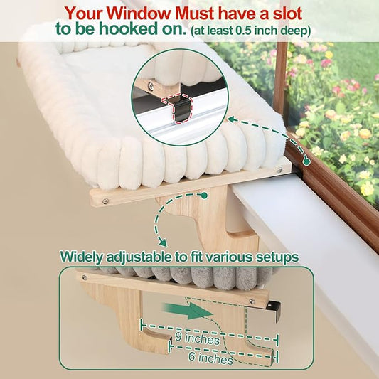 Cat Perch for Window Sill with 4-Sided Bolster - Orthopedic Cat Window Hammock - Solid Hardwood & Metal Frame - Window Seat for Pets (Natural Color Wood w/Gray Bed, Medium)