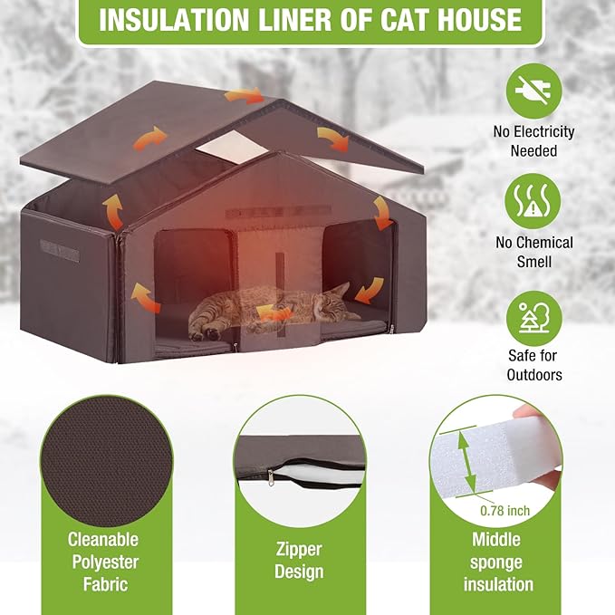 GUTINNEEN Insulated Outdoor Cat House with All-Round Liner, Weatherproof Feral Cat Shelter for Winter with 3 Entry Doors, Indoor Cat Condo for Multiple Cats