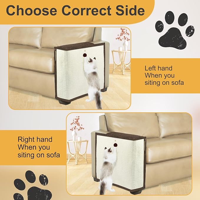 Upgraded Cat Scratch Furniture Protector,Cat Scratch Sofa Arm Sheild with 27.6’‘L*19.6’‘W Natural Sisal and Scratch Ball for Protecting Couch Sofa Chair Furniture (Brown/Left Handed)