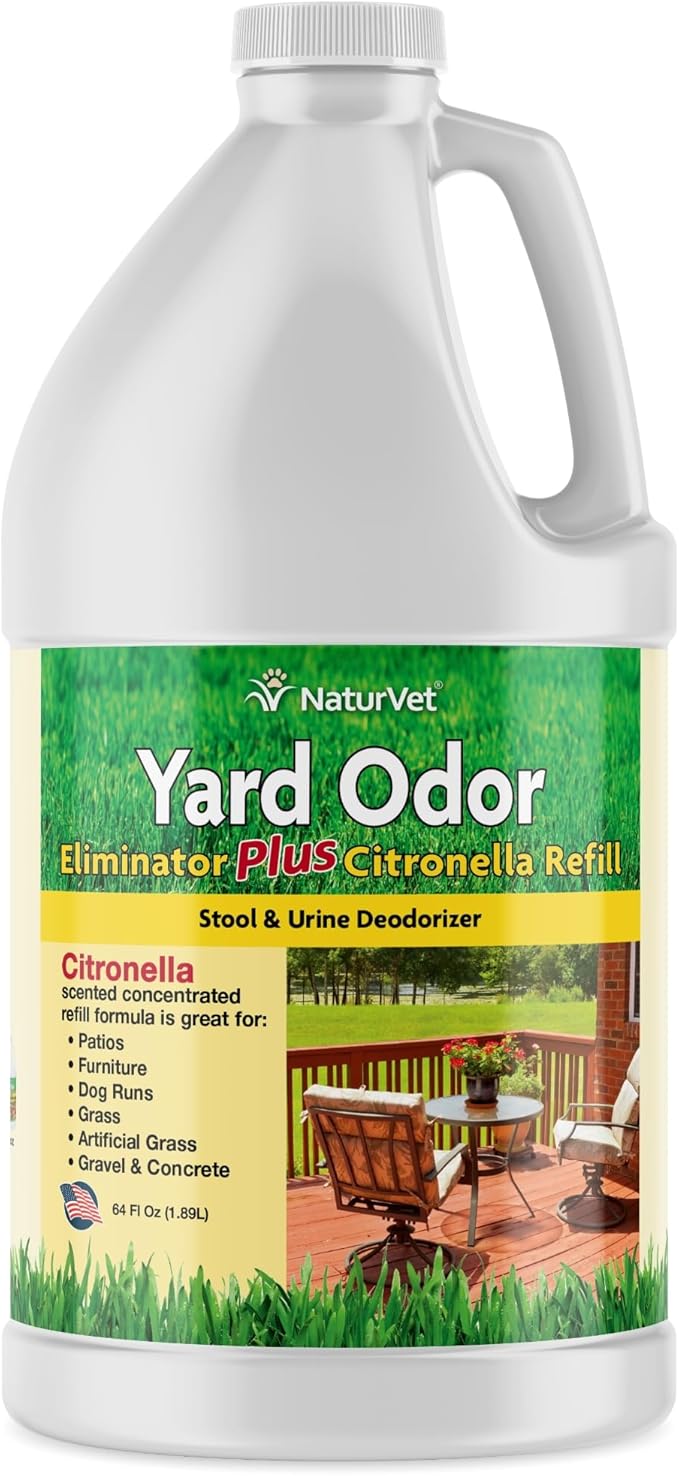NaturVet – Yard Odor Eliminator Plus Citronella Spray – Eliminate Stool and Urine Odors from Lawn and Yard – Designed for Use on Grass, Patios, Gravel, Concrete & More – 64oz Refill (No Hose Nozzle)