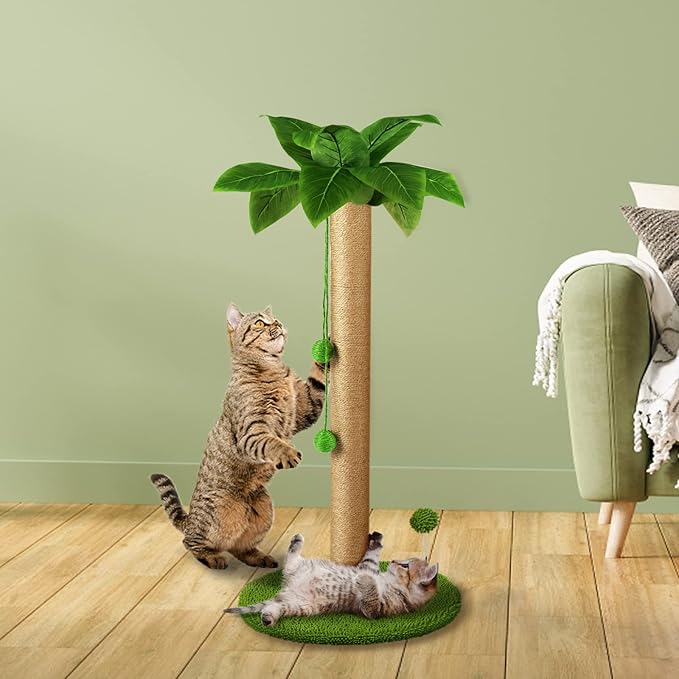 Dohump Cat Scratching Post, 31" Tall Scratch Tree with Premium Sisal Rope, Two Interactive Dangling Balls and Spring Ball Toys for Indoor Kittens and Cats