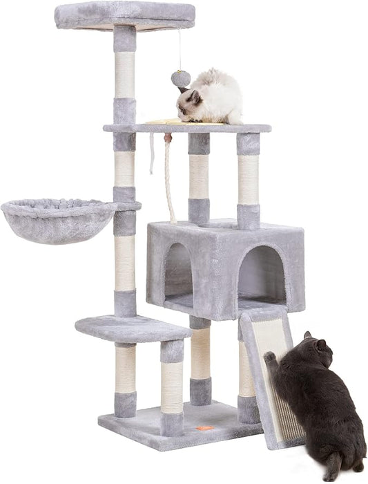 Heybly Cat Tree, Cat Tower for Indoor Cats with Scratching Board, Multi-Level Cat Furniture Condo with Feeding Bowl, Light Gray HCT010MW