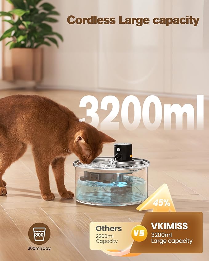 Wireless Cat Water Fountain Cordless: Battery Operated Cat Fountain - 108oz/3.2L Automatic Pet Water Dispenser Rechargeable Drinking Fountains for Cats Indoor with Motion Sensor Multiple Cats and Dogs