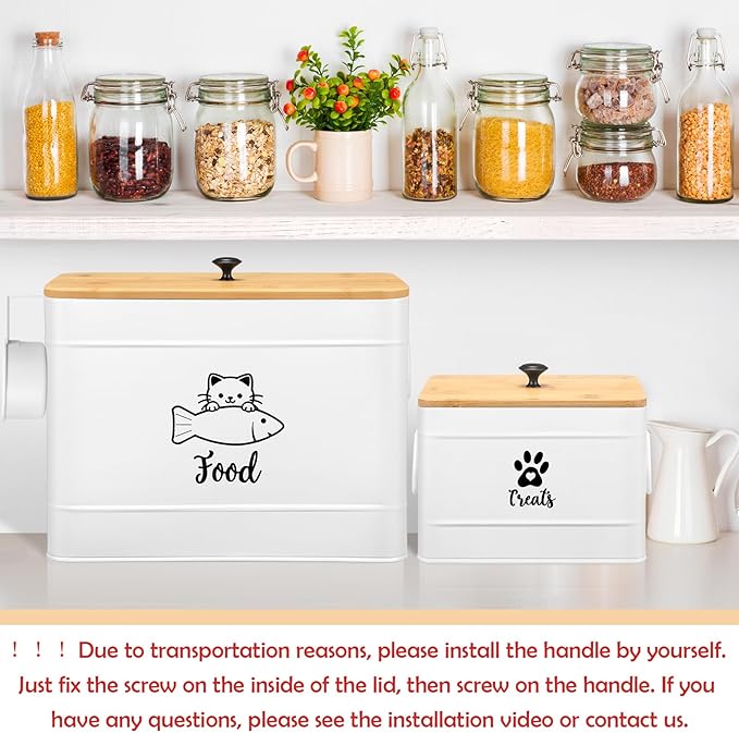 Extra Large Metal Cat Food Containers Airtight 12+3.5 lbs Cat Treat Snack Jars Set of 2 with Bamboo Lids and Spoons Farmhouse Big Pet Cookie Storage Jars for Kitchen Counter Gifts(White)