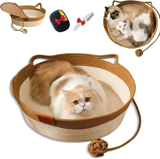 Cutypet Cat Basket, Cuty Pet Basket, Handwoven Cotton Rope Cat Bed, cat Scratch Bed with Built-in Teasing Ball, Breathable & Easy to Clean and Detachable Pad (Brown, Large)